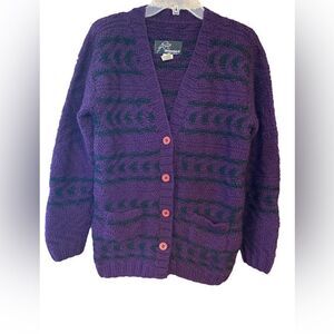 Snowbird Sz M Purple Black Chunky Knit Grandpa Button Up Winter Wool Cardigan